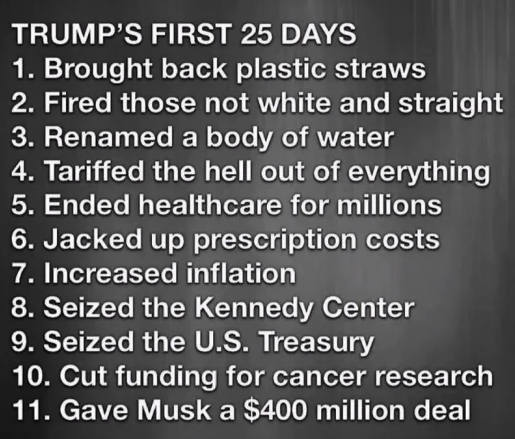 A dark gray background displays a numbered list titled 'TRUMP'S FIRST 25 DAYS' with eleven satirical bullet points detailing…