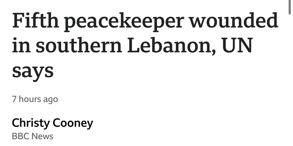 The image displays a screenshot of a BBC News headline that reads 'Fifth peacekeeper wounded in southern Lebanon, UN says'…