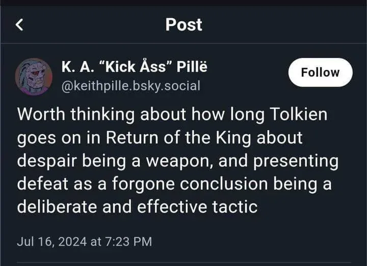 A screenshot of a social media post from user K. A. 'Kick Åss' Pillë on a dark-themed platform, showing their profile…