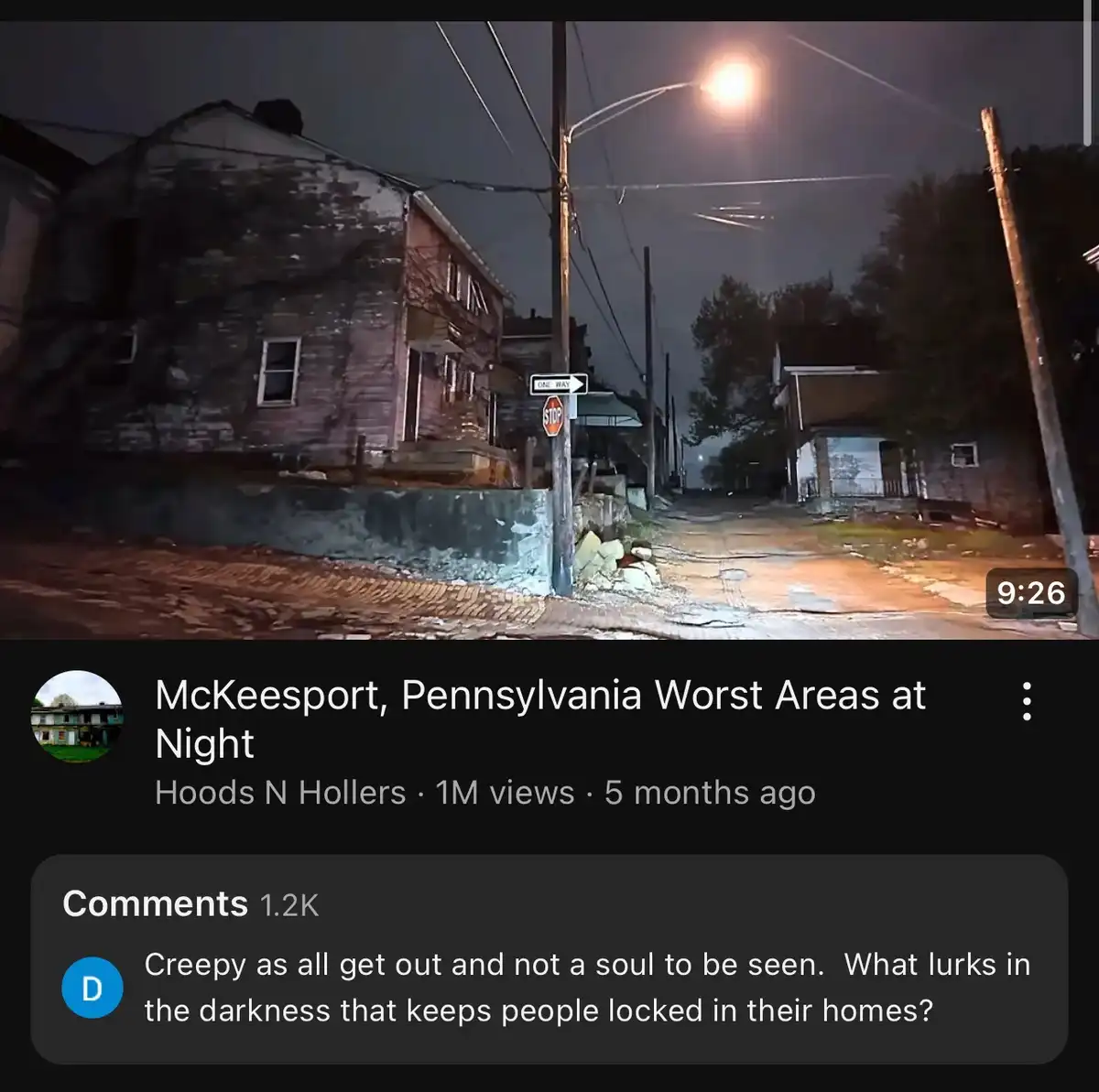 A screenshot of a YouTube video thumbnail showing a dark, empty street at night in McKeesport, Pennsylvania, with…