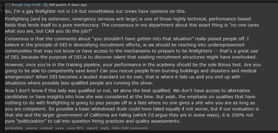 A screenshot of a Reddit comment thread discussing firefighter hiring practices, specifically focusing on DEI (diversity…