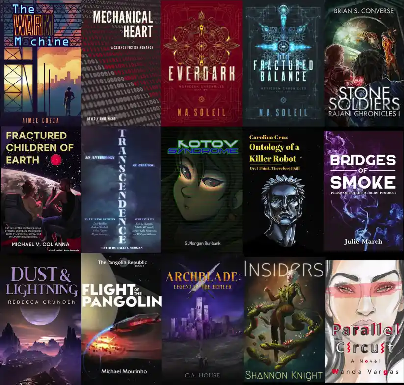 A grid of 15 science fiction and fantasy book covers, each with unique artwork and titles like 'The Warm Machine,'…