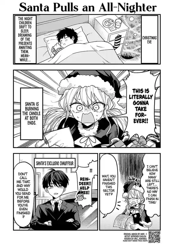 A three-panel manga comic titled 'Santa Pulls an All-Nighter' depicts a stressed female Santa Claus frantically wrapping…