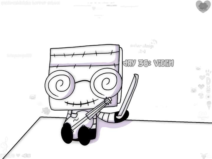 A cartoon mummy character with spiral eyes and stitched mouth sits on a floor, holding a violin and bow. The text 'DAY 30…