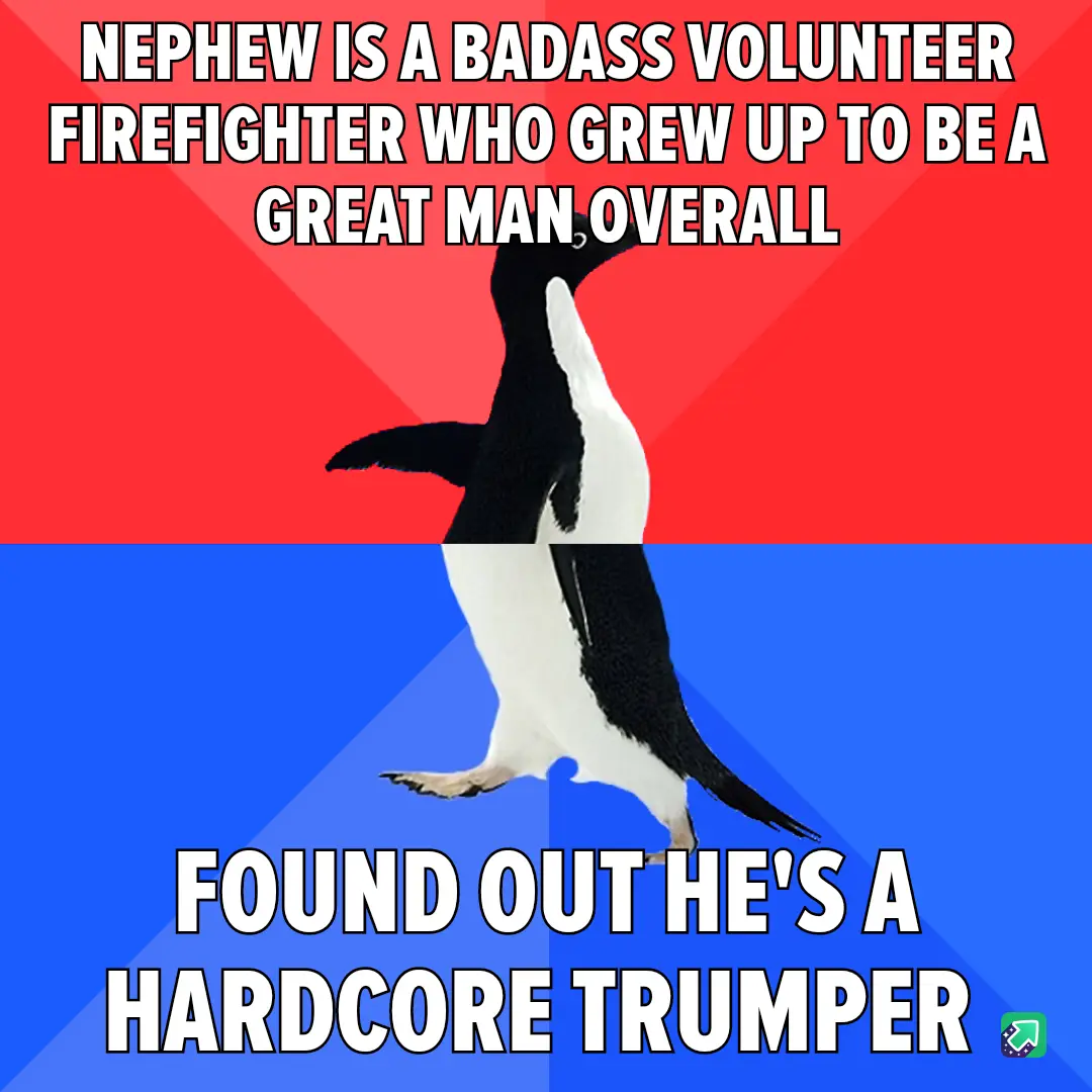A penguin stands upright against a red and blue background, with bold white text at the top stating 'NEPHEW IS A BADASS…