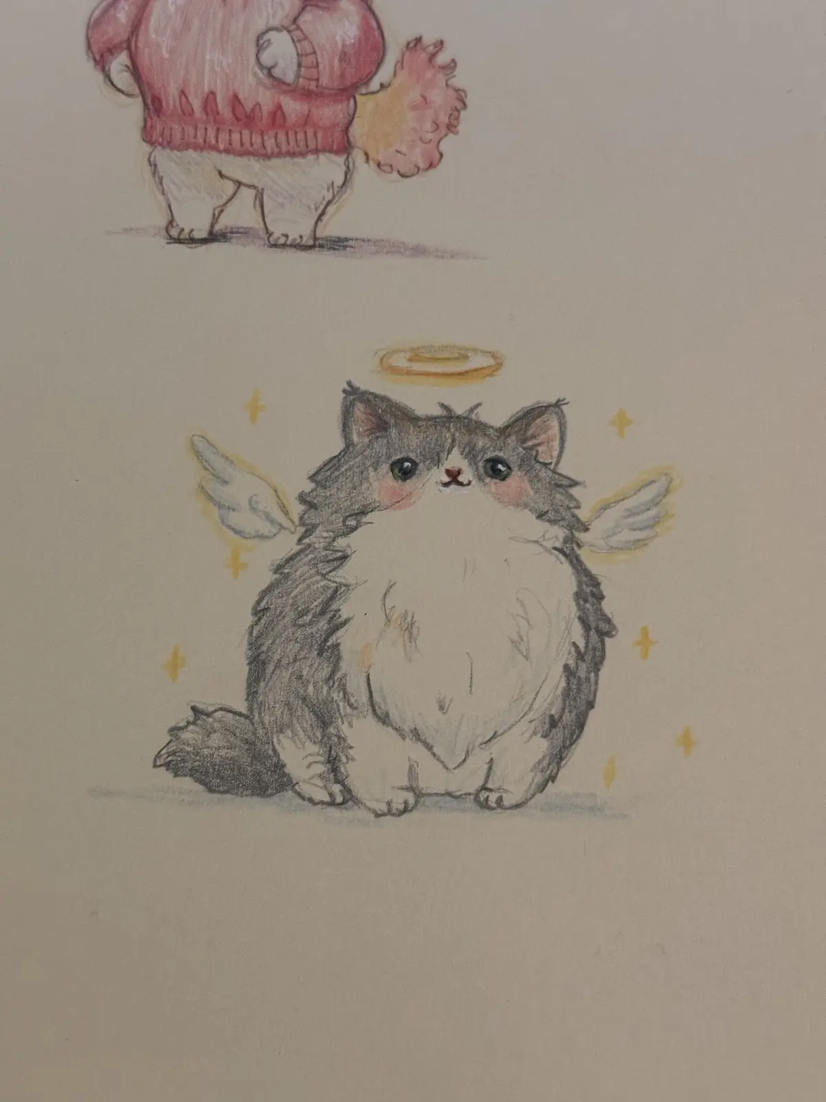 A hand-drawn illustration shows a fluffy, round cat with angel wings, a halo, and sparkles, sitting below a cartoon bear in…