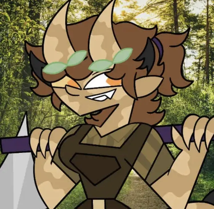An animated character with brown hair, horns, and leaf-like glasses, wearing camouflage gear and holding a sword, has a…