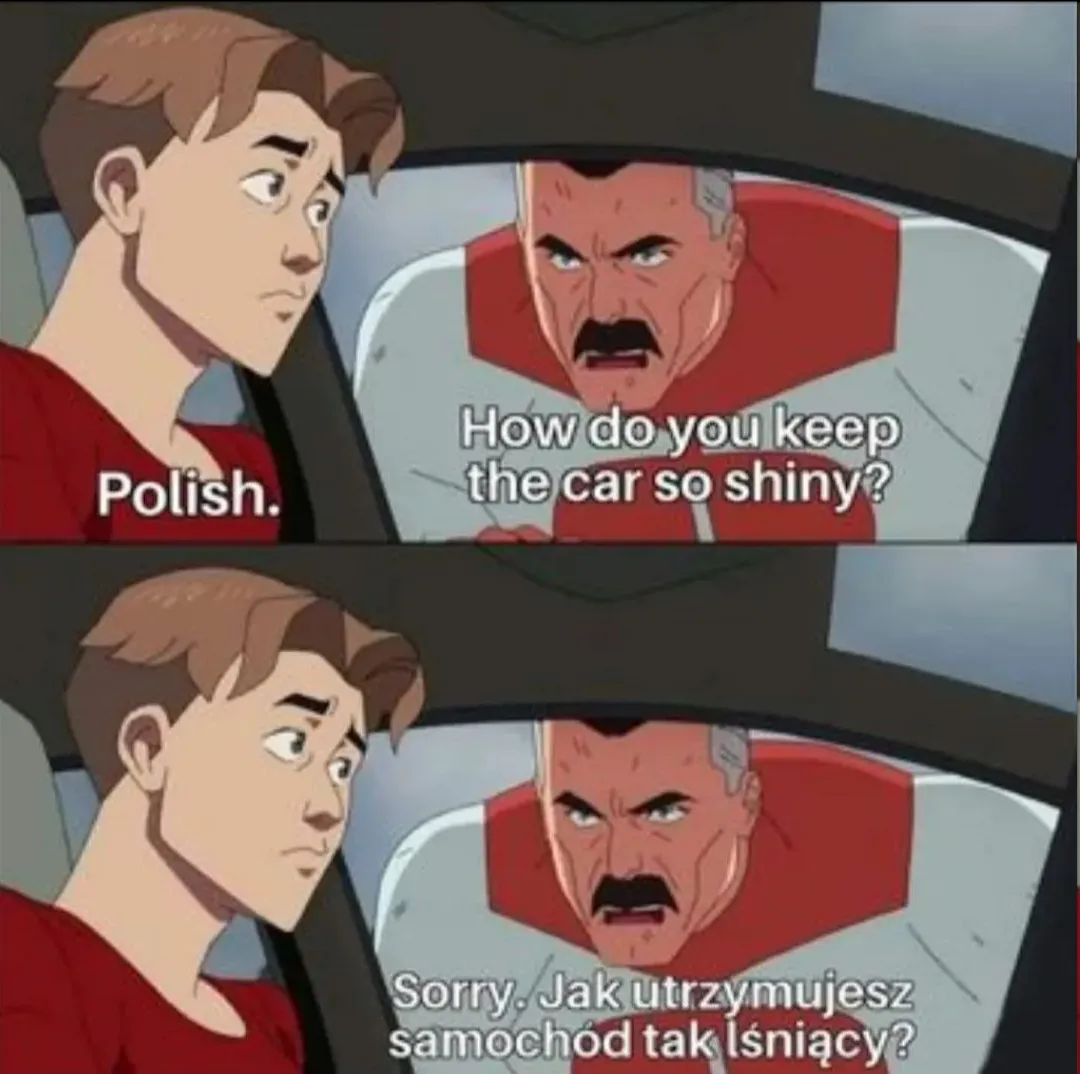 Two animated characters are in a car. The older man in the back seat asks how the car stays so shiny, and the younger man in…