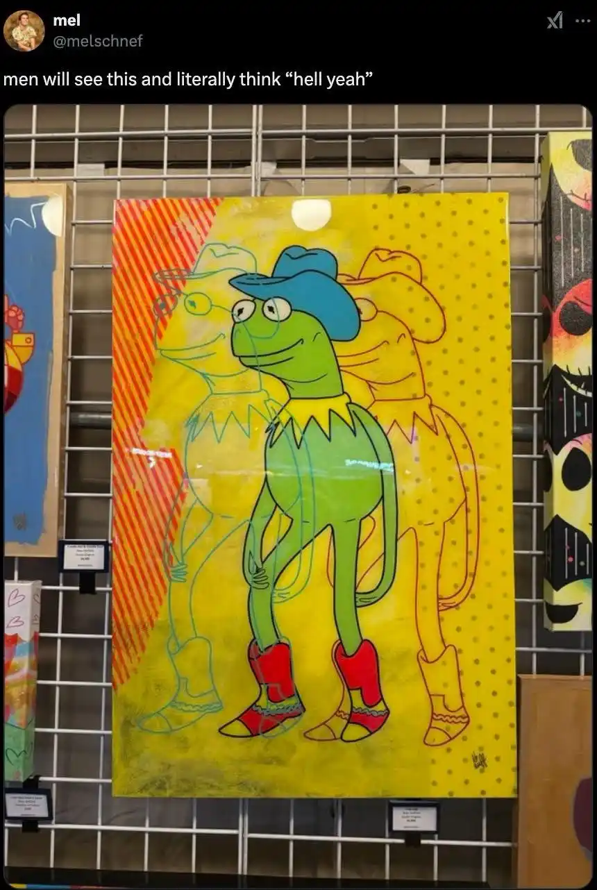 A vibrant yellow painting of Kermit the Frog wearing a blue cowboy hat and red boots, standing confidently with two faint…