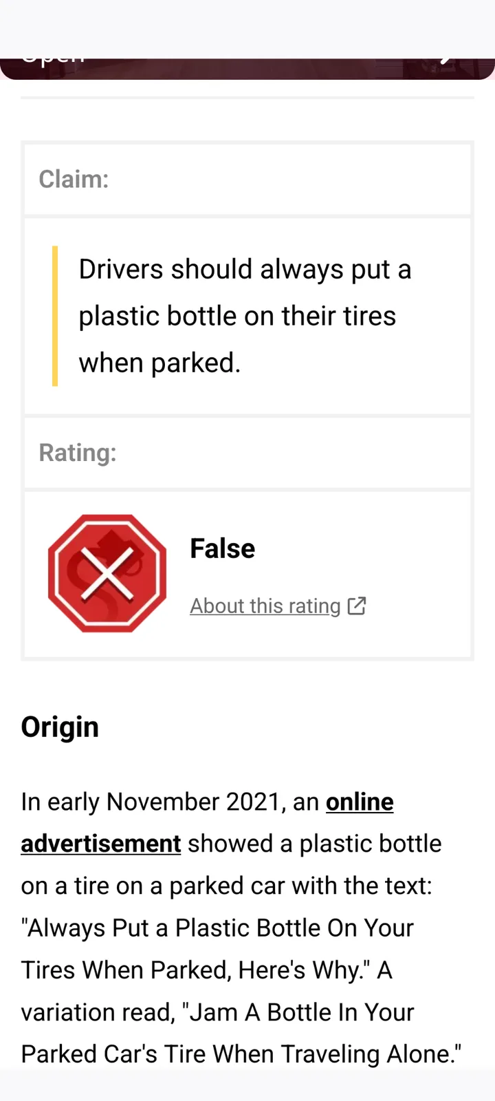 A screenshot of a fact-checking website showing a claim that 'Drivers should always put a plastic bottle on their tires when…
