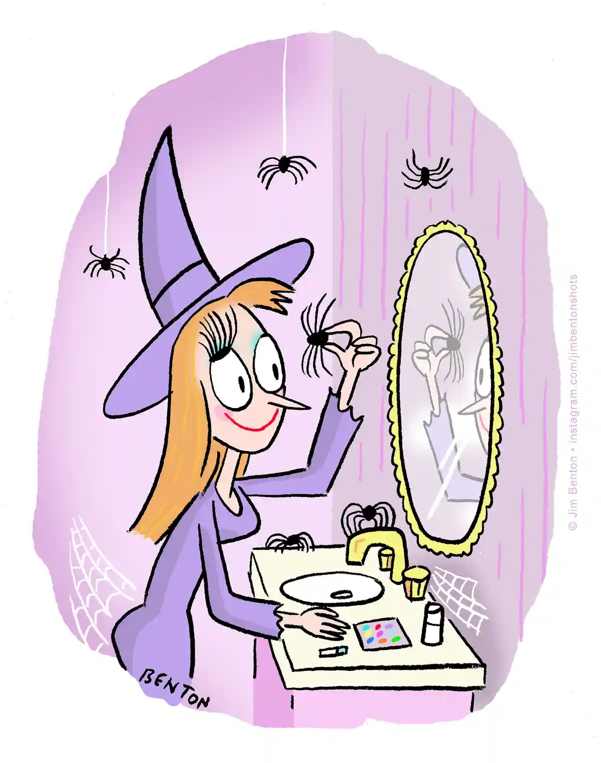 A cartoon witch with blonde hair and a purple hat is happily applying a spider-shaped eyeliner to her eye while looking in a…