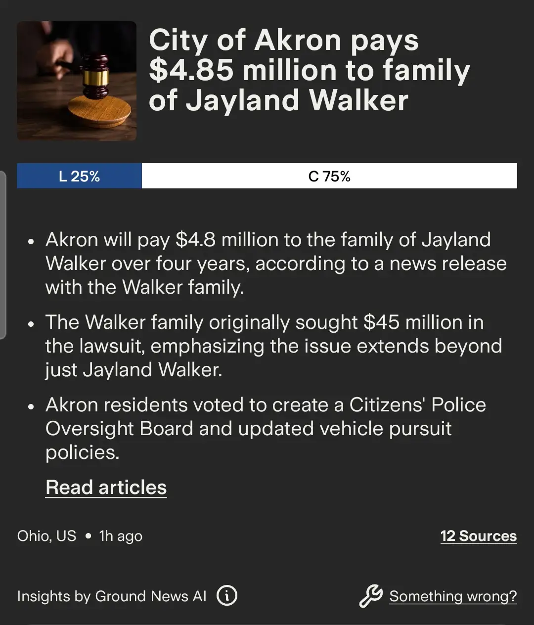 A screenshot of a news article about the City of Akron paying $4.85 million to the family of Jayland Walker, featuring a…
