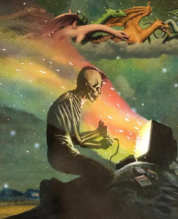 A skeletal figure sits on a rocky outcrop, intensely focused on an old computer monitor that emits a bright, colorful beam…
