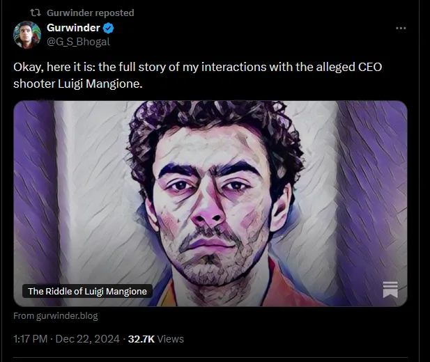 A stylized, painterly portrait of a man with dark curly hair and a serious expression, overlaid with the text 'The Riddle of…