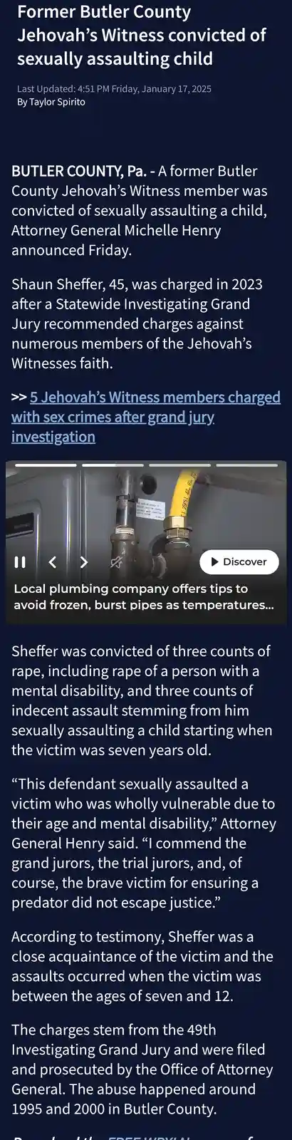 A screenshot of a news article about a convicted sexual assault case is overlaid with a video thumbnail showing plumbing…