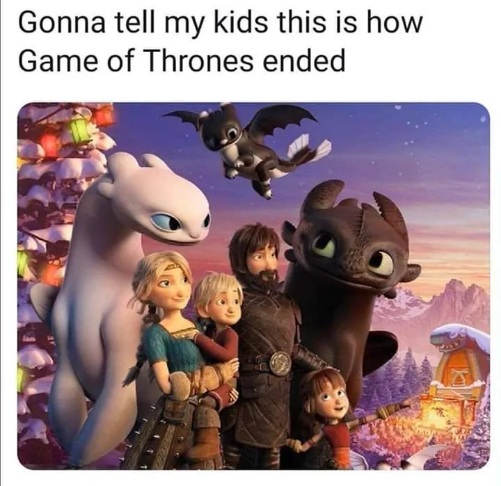 The image shows the animated family from 'How to Train Your Dragon' — Hiccup, Astrid, their children, and two dragons…