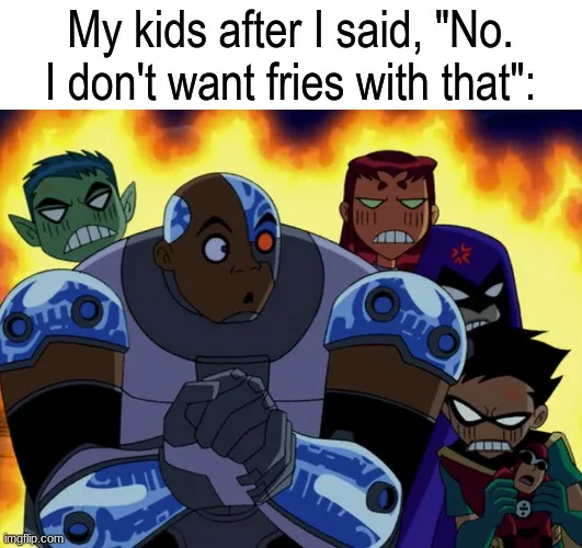 The image shows four animated characters from Teen Titans, all with angry, determined, and menacing expressions, standing…