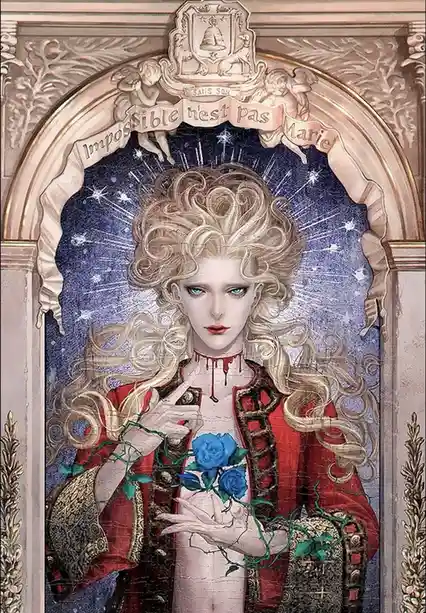 A stylized portrait of a pale woman with voluminous blonde hair, wearing a red jacket and holding blue roses with thorny…