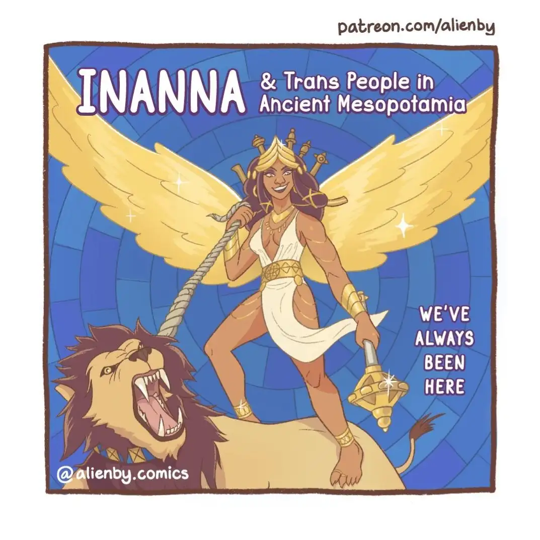 A stylized illustration of the Mesopotamian goddess Inanna, depicted with large golden wings, a crown, and holding a staff…