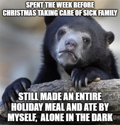 A black bear with a weary, resigned expression rests its paws on a log. White text overlaid in two blocks reads: 'SPENT THE…