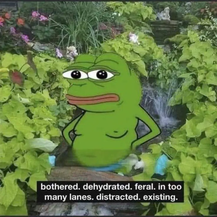 A cartoon green frog with a bored, unimpressed expression stands in a lush garden with a small fountain behind it. The frog…