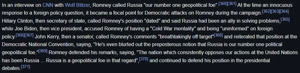 The image displays a block of text from a CNN interview transcript detailing Mitt Romney's 2012 comments about Russia being…