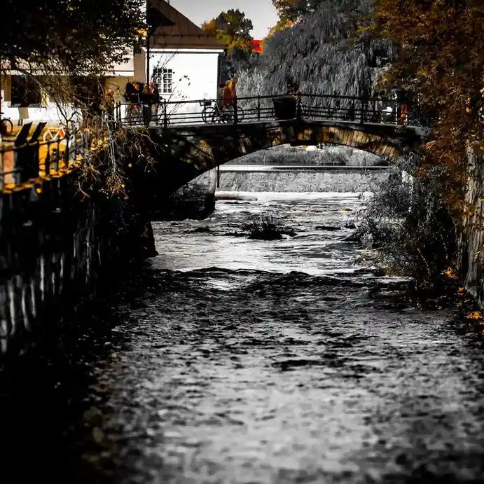 A desaturated photo of a stone bridge over a river, with people walking on it, where only the autumn leaves and a few…