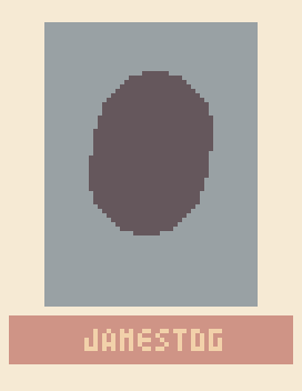 Six pixel-art ID cards arranged in a grid, each labeled 'JAMESTOG' at the bottom. The first card shows a blank, dark oval…