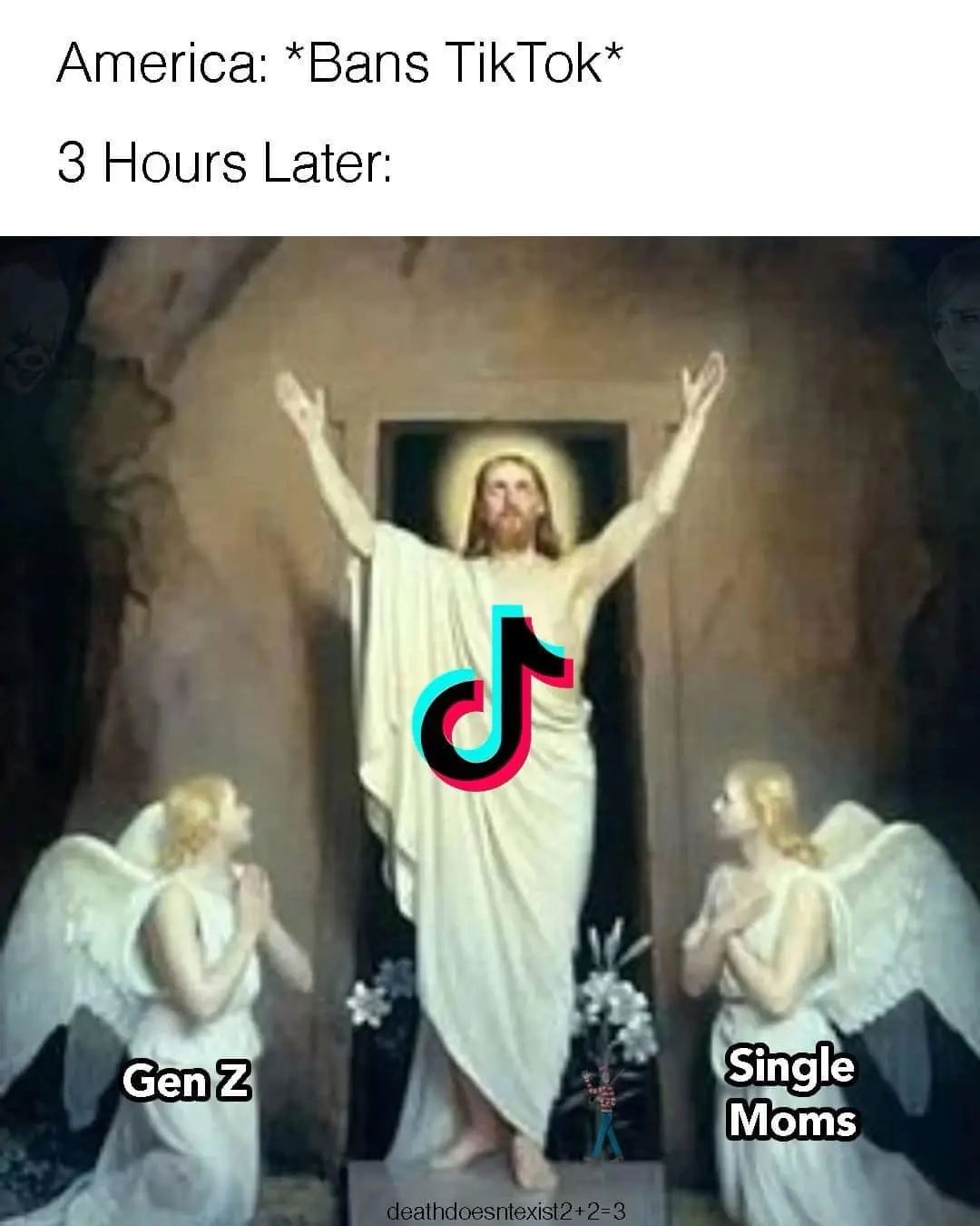 A classical painting depicts Jesus Christ rising from a tomb with arms raised, flanked by two angels. The TikTok logo is…