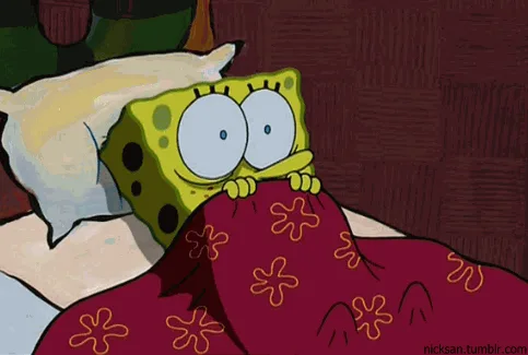 The image shows six panels of SpongeBob SquarePants in bed, peeking out from under a red blanket with yellow floral…