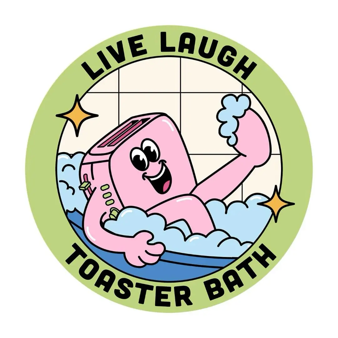 A cartoon pink toaster with arms and a smiling face is happily soaking in a bubble bath, surrounded by blue bubbles and set…