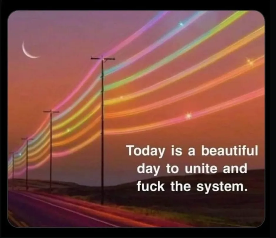 A surreal image of a road at dusk with a crescent moon, utility poles, and vibrant rainbow light streaks across the sky…