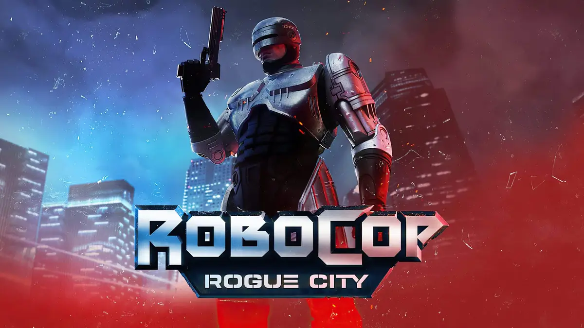 A promotional image for the video game 'RoboCop: Rogue City' shows the iconic cyborg law enforcement officer standing in a…
