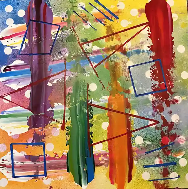 A colorful abstract painting with thick paint strokes in red, green, purple, and yellow, overlaid with red and blue lines…