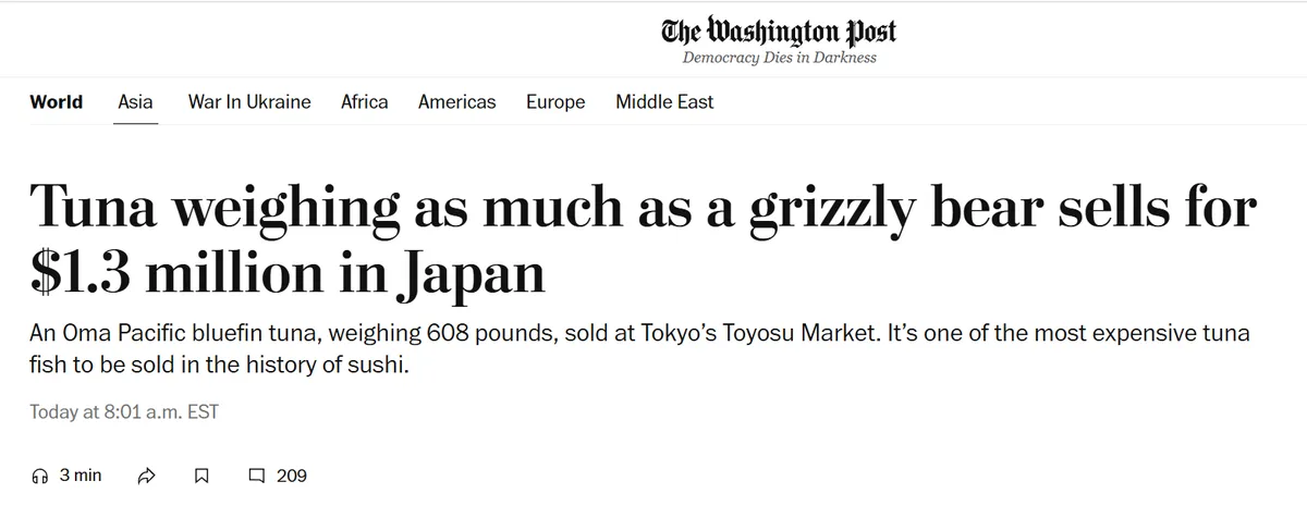 A screenshot of a Washington Post article headline about a 608-pound Oma Pacific bluefin tuna sold for $1.3 million at…