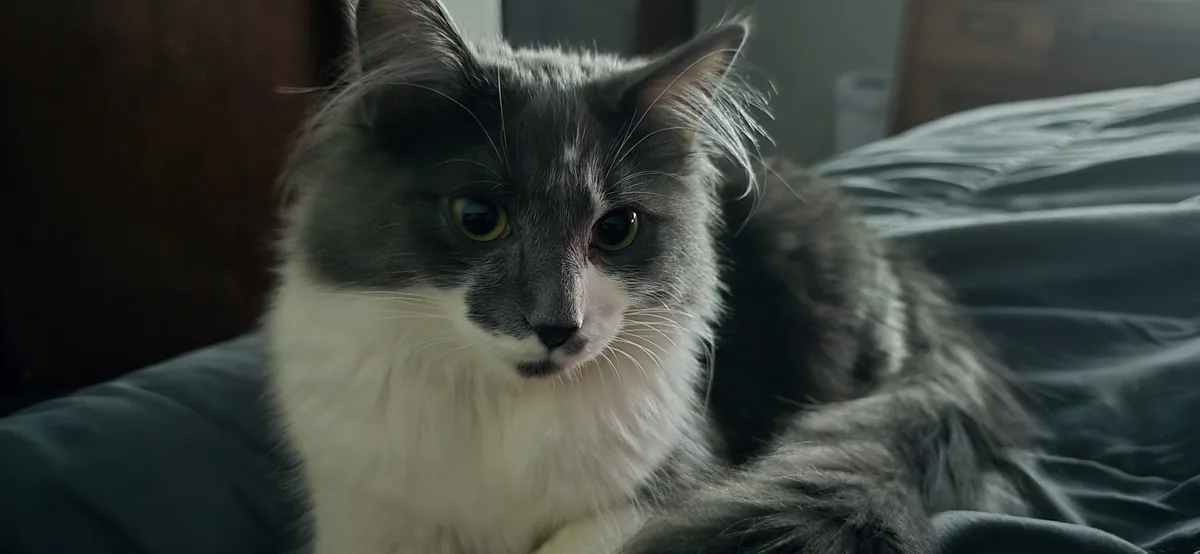 A long-haired gray and white cat with intense yellow eyes stares directly at the camera from a bed, its expression conveying…