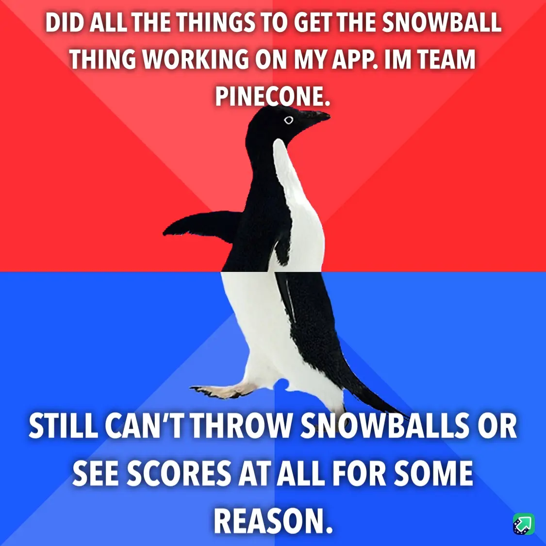 A penguin stands centered against a red and blue background, with white text overlaid in two sections. The top text reads…