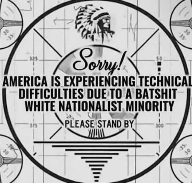 A black-and-white image mimicking a radar or technical error screen, featuring a Native American headdress icon at the top…