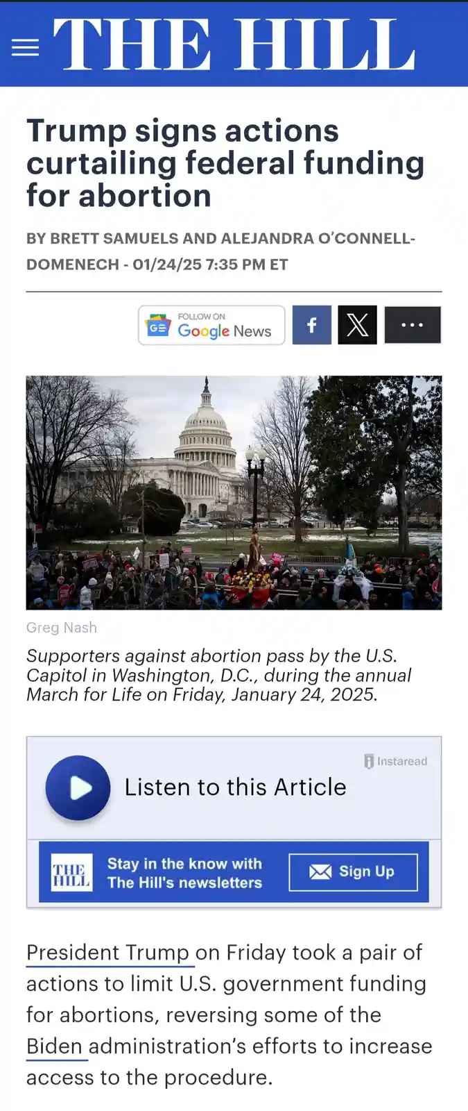 A screenshot of a The Hill news article dated January 24, 2025, with the headline 'Trump signs actions curtailing federal…
