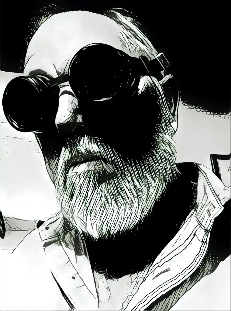 A black-and-white comic-style illustration shows an older man with a full beard and a white cap, looking intently through…
