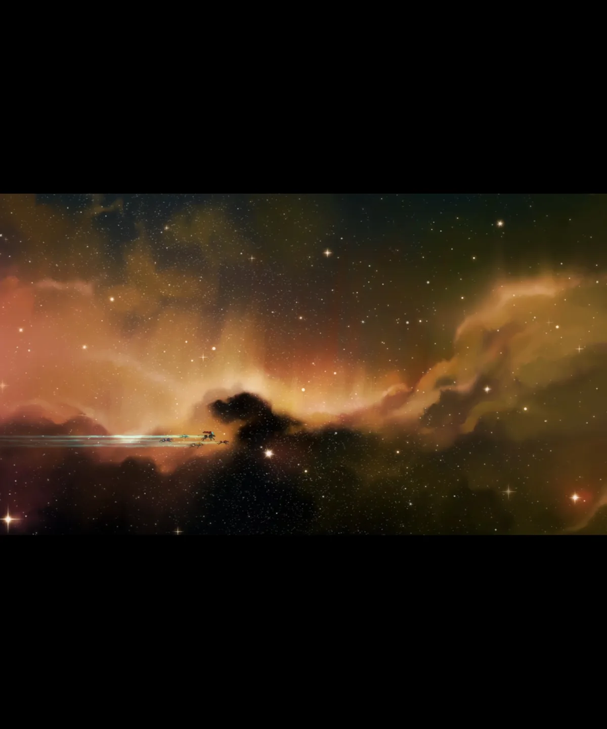 A cosmic scene depicts Santa Claus riding a sleigh pulled by reindeer across a vibrant nebula filled with stars and glowing…