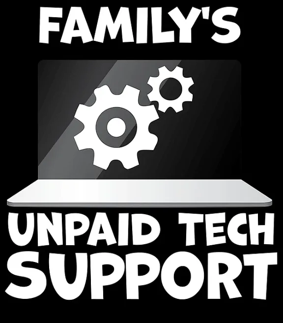A black-and-white graphic shows a laptop with two interlocking gears on its screen. Above the laptop, the text 'FAMILY'S' is…