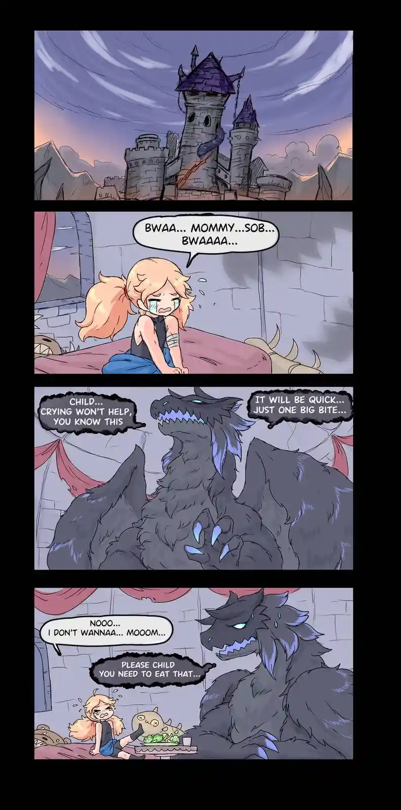 A four-panel comic depicts a young girl crying to her dragon mother about not wanting to eat her meal. The dragon mother…