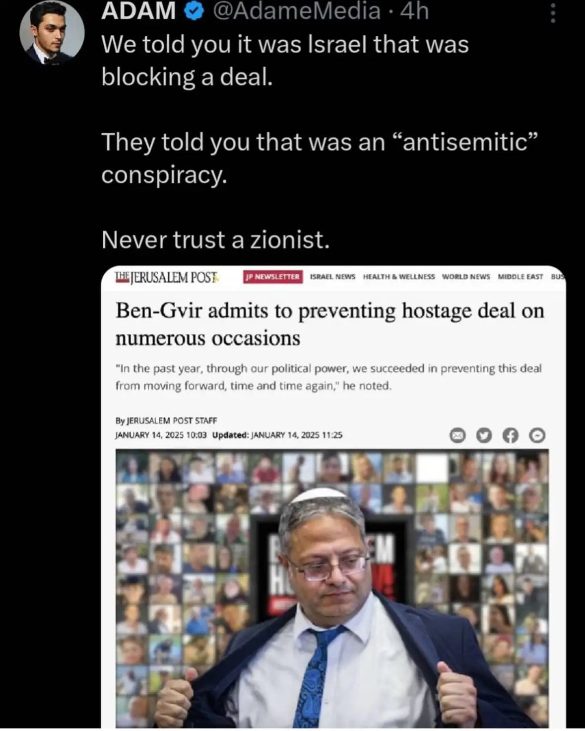 A screenshot of a tweet from ADAM @AdameMedia overlaid on a Jerusalem Post article. The article's headline reads 'Ben-Gvir…