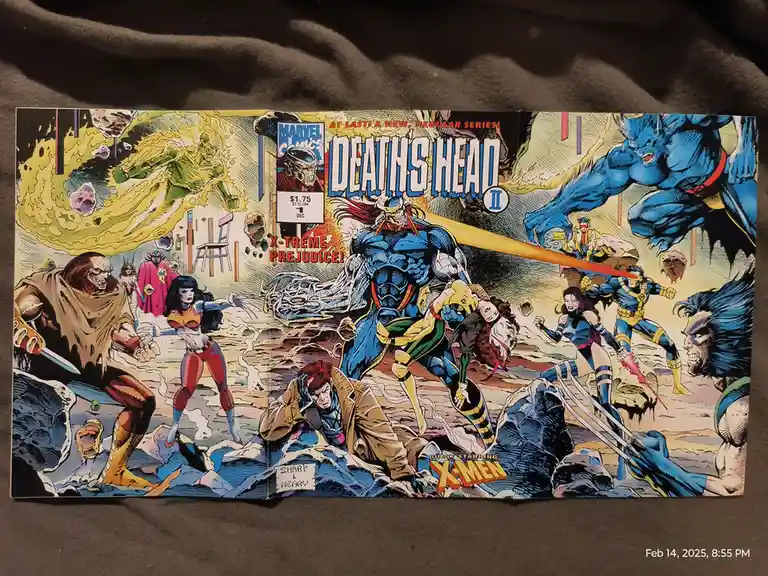 A comic book cover for 'Deaths' Head II' issue #1, featuring a chaotic battle scene with the titular character Deaths' Head…