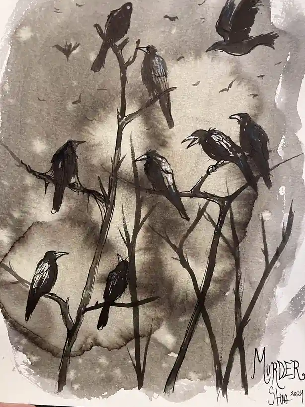 A watercolor painting depicts numerous black crows perched on bare, gnarled tree branches against a muted, cloudy sky. Some…