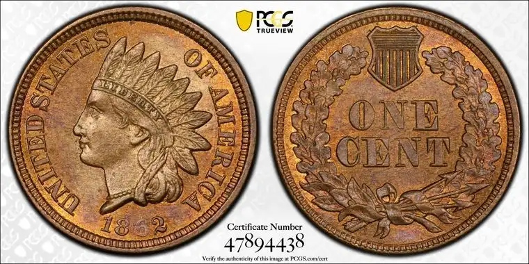 The image displays two sides of an 1862 United States Indian Head Penny, showing the profile of Liberty wearing a feathered…