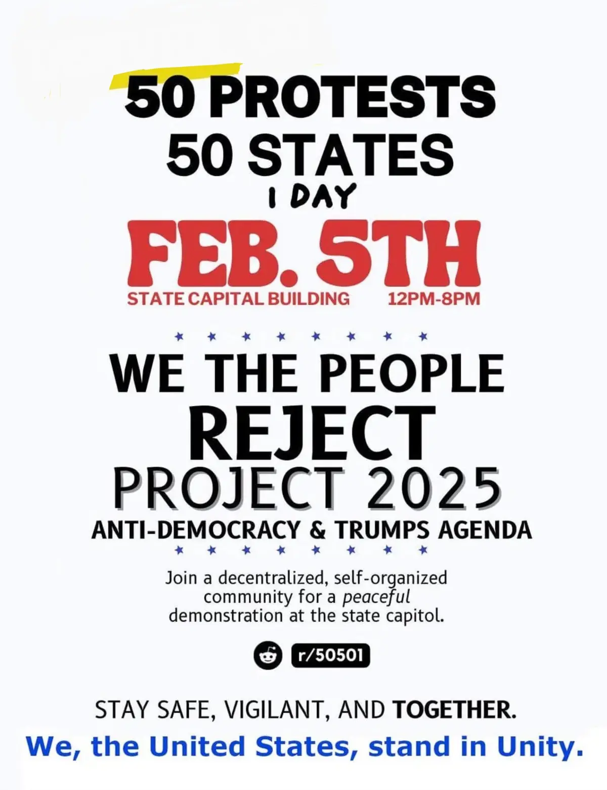 A protest flyer for '50 Protests, 50 States, 1 Day' on Feb. 5th, calling for demonstrations against 'Project 2025' and…