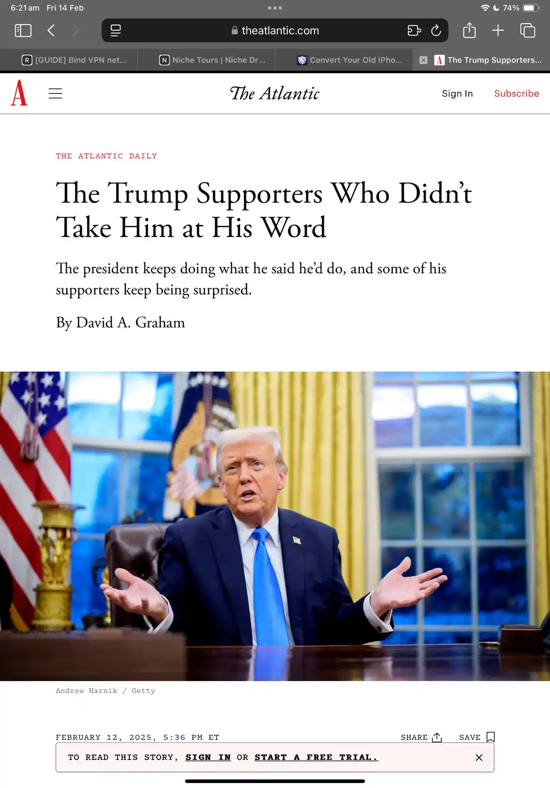 A screenshot of The Atlantic's article titled 'The Trump Supporters Who Didn't Take Him at His Word,' featuring a photo of…