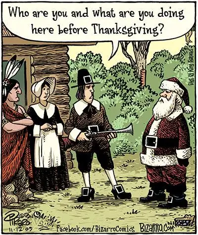 A cartoon depicts a colonial-era scene with three figures in 17th-century attire — a Native American, a Pilgrim woman, and a…